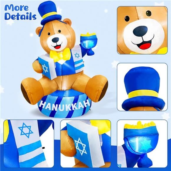 6 FT Hanukkah Inflatable Gentleman Bear Holding Menorah and Bible Outdoor Decor - Picture 4 of 6